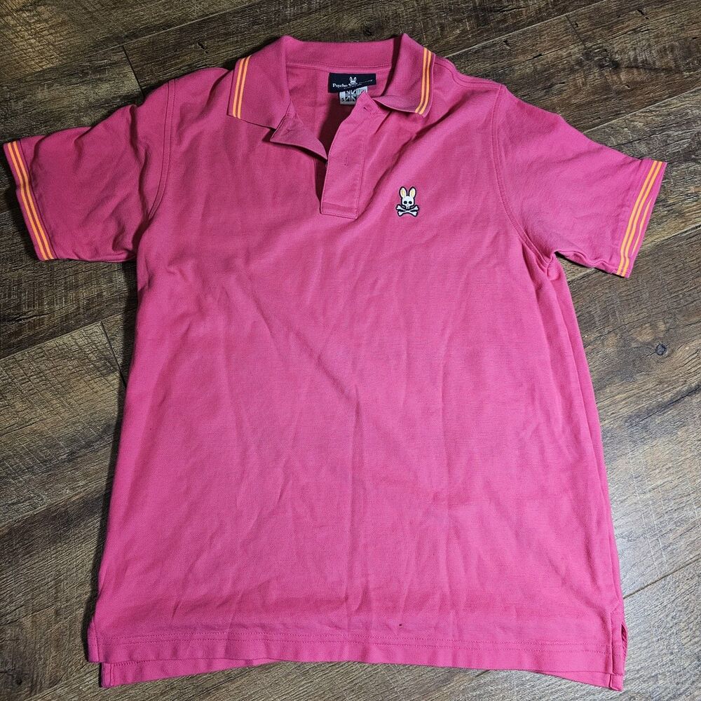 Psycho Bunny Men’s Polo Shirt Size S Pink Fuchsia Embroidered Logo Striped Trim